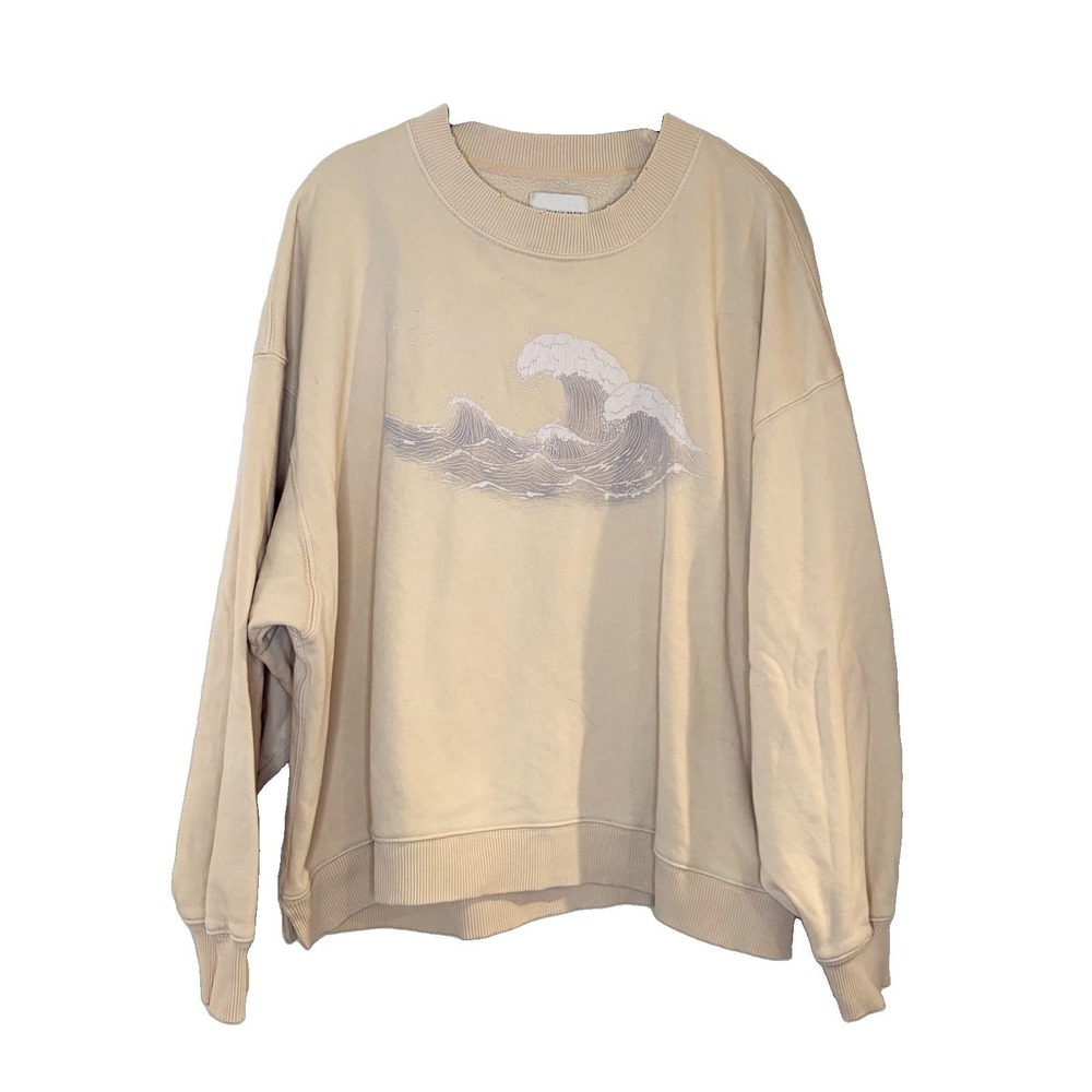 American Eagle Oversized Sweatshirt Beige Ocean Waves Beach Boho Crew Size S